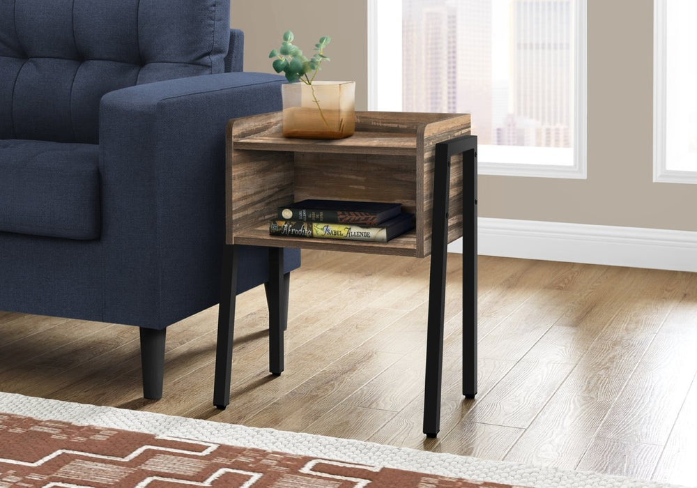 English Elm Accent Table Two Tier Industrial Nightstand with Reclaimed Wood Look and Black Metal Legs B2710P219344