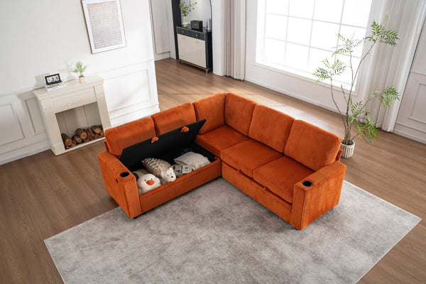 English Elm Sectional Corduroy Sleeper Sofa with Storage and Charging Ports for Small Spaces Orange W1361S00076