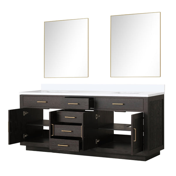 English Elm Brown Oak Double Bath Vanity Set With Cultured Marble Top & 2 Frameless Mirrors For Elegant Storage B2731S01545