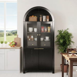 English Elm 71" Fluted Tall Arched Pantry Cabinet with Tempered Glass Door, Adjustable Shelves, Silent Drawer, Anti-Tip Safety and Stylish Metal Handles for Kitchen Living Dining Black W2917P384705
