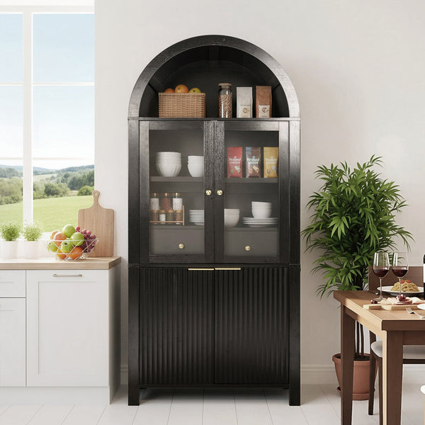 English Elm 71" Fluted Tall Arched Pantry Cabinet with Tempered Glass Door, Adjustable Shelves, Silent Drawer, Anti-Tip Safety and Stylish Metal Handles for Kitchen Living Dining Black W2917P384705