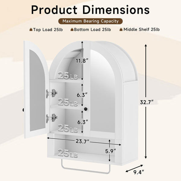 English Elm Wall Mounted Arched Cabinet Tempered Glass Doors Led Lighting Adjustable Shelves Bathroom White T3210P471556