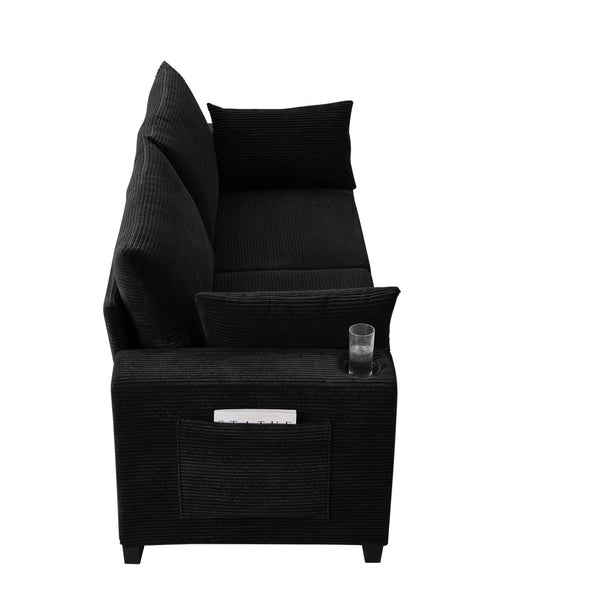 English Elm 78"corduroy Plush Three Seat Sofa with Usb Ports Cup Holders Deep Cushions Apartment Black W3705P455916