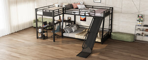 English Elm L-shaped Metal Triple Bunk Bed with Slide Desk Shelves Sleep Study Play Zone W1580S00280