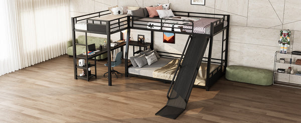 English Elm L-shaped Metal Triple Bunk Bed with Slide Desk Shelves Sleep Study Play Zone W1580S00280