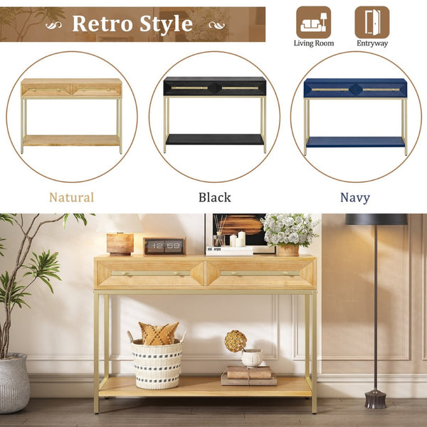English Elm Trexm Retro Modern Console Table Two Drawers Geometric Matte Black Gold Entryway N715P227910N