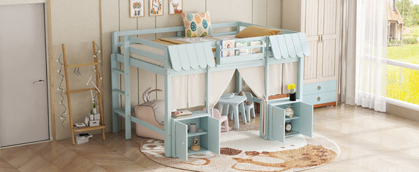 English Elm Full Loft Bed With Playful Cottage Design, Built-In Bookshelf, Curtain & Safety Guardrails For Kids W1580S00360