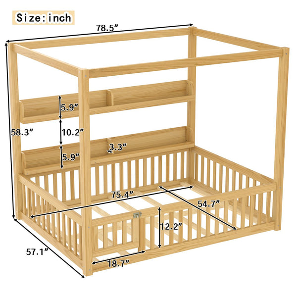 English Elm Full House Floor Bed with Door and Guardrails for Kids, Solid Wood Double Full, Safe Play Nook Natural W1580P359334