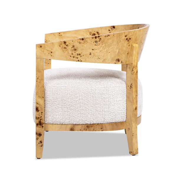 English Elm Jennifer Taylor Home - Madrid Luxurious Burl Wood Barrel Accent Chair in Seashell White Chenille — Cozy, Durable, Stylish Accent B2719P238278