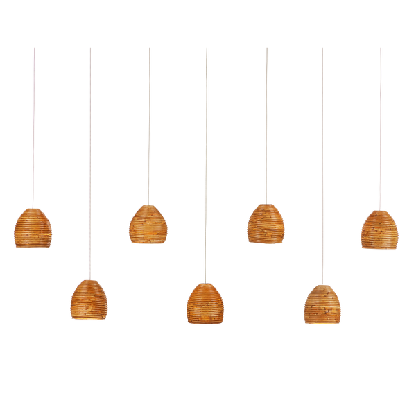 Beehive Rectangular Multi-Drop Pendant Light with Natural Rattan Shades and Silver Canopy Finish