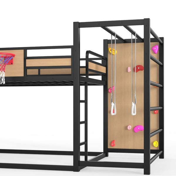 English Elm Twin Metal Loft Bed with Slide Basketball Hoop Climbing Wall and Built-in Shelves W1580S00632