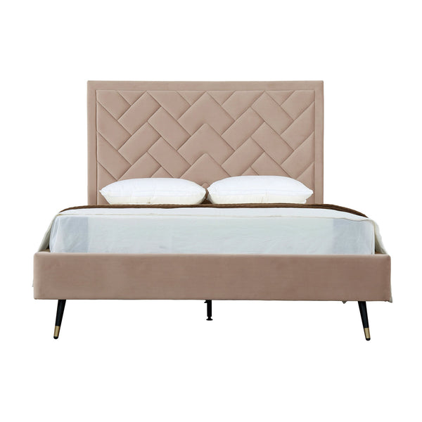 English Elm Crosby Velvet Queen Bed: Elegant Nude Upholstery, Chevron-Stitched Headboard & Easy Assembly Support B365S00040