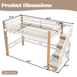 English Elm Twin Pine Wood Loft Bed with Built-in Shelving and Hook for Kids Bedroom W5305S00010