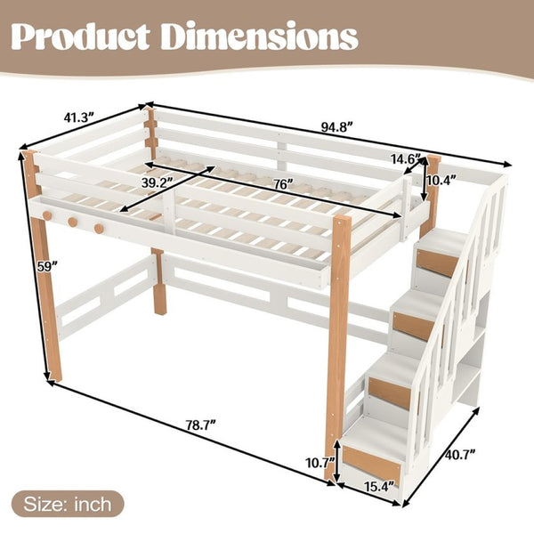 English Elm Twin Pine Wood Loft Bed with Built-in Shelving and Hook for Kids Bedroom W5305S00010
