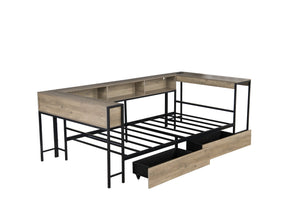 English Elm Corner Full Bed Frame with Bookcase, LED Light & USB Charging, Reversible Daybed w/2 Drawers, Grey W1670P314268