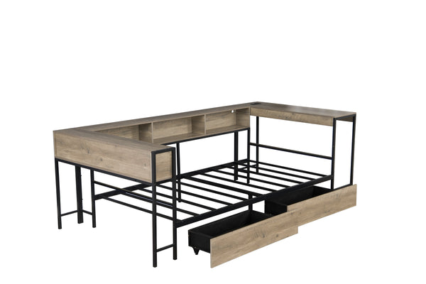 English Elm Corner Full Bed Frame with Bookcase, LED Light & USB Charging, Reversible Daybed w/2 Drawers, Grey W1670P314268