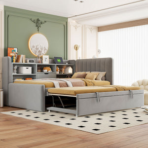 English Elm Twin Upholstered Daybed with Pull-Up Trundle, Velvet High Back with Shelves, Flip Storage & USB Gray SF000194AAE