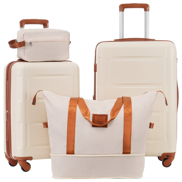 English Elm 2 Piece Abs Hard Shell Spinner Luggage Set with Tsa Lock Expandable Travel Suitcases Khaki+Brown N732P198744K