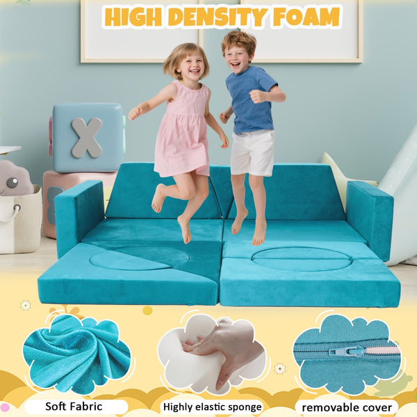 English Elm 15pcs Modular Toddler Play Couch Set Velvet Foam Fort Building Playroom Seating Cyan T5880P493416