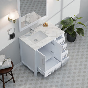 English Elm White 36 in Bath Vanity with Left Carrara Marble Top, Soft-Close Drawers, Chrome Faucet Set B2731P259017
