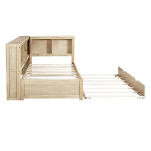 English Elm Twin Size Daybed with Trundle, Built-In Storage Cabinets, Curved Details and Dual USB Ports for Small Spaces Wood GX000353AAD