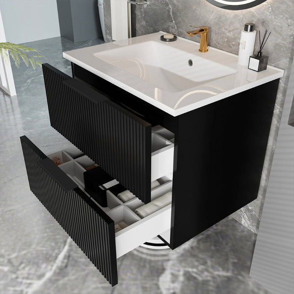 English Elm 060 Floating Wall Mounted Bathroom Vanity Cabinet with Soft Close Drawers Modern Black W3520P345965