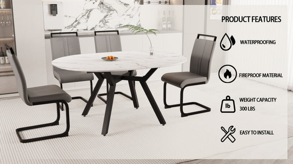 English Elm 47-63" Expandable Round Dining Set Mdf White Top Faux Leather Chairs for 6 Grey+White W3732S00064