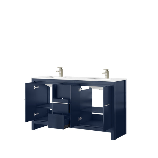 English Elm Navy Blue Double Bath Vanity With Cultured Marble Top & Brushed Nickel Faucet – Stylish Storage Solution! B2731P259450