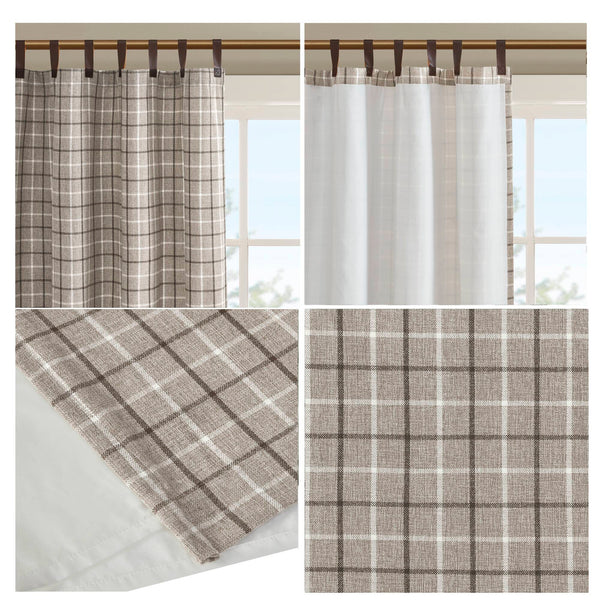 JLA Home Madison Park - Plaid Heavyweight Faux Leather Tab Top Curtain Panel with Fleece Lining for Cozy Insulated Rooms Brown MP40-6765