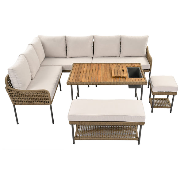 English Elm K&K 6-Piece Rope Patio L-Shaped Sectional Set with Acacia Wood Ice Box Table and Deep Cushions Beige+Brown N707S000014Z