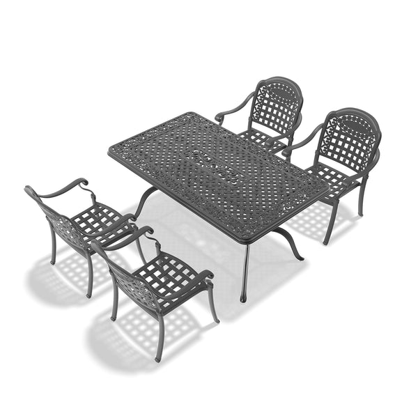 English Elm 5-Piece Cast Aluminum Patio Furniture Set With Plush Blue Cushions For Stylish Outdoor Living W1710S00194