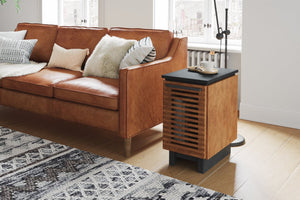 English Elm 13" Modern Chairside Table Black & Bourbon Finish — Scandinavian Poplar/Okume, Slatted Door, Ready-to-Use B108131542