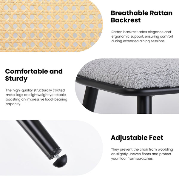 English Elm Dining Chairs Mid-Century Modern Rattan Backrest Bouclé Upholstered Metal Frame Comfortable Design LIGHT GREY T3623P379924