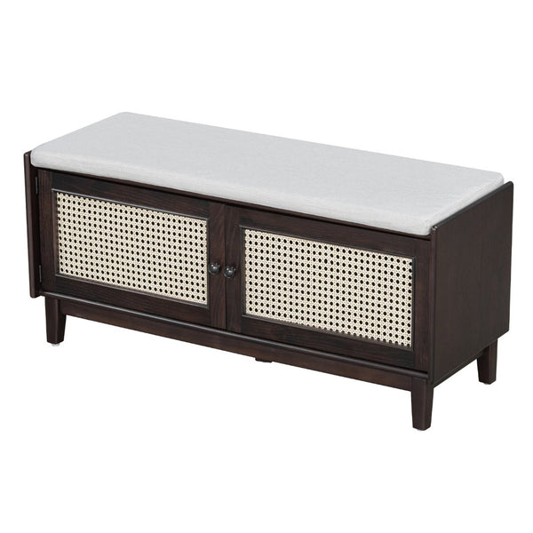 English Elm Trexm Bohemian Rattan Storage Bench Cushioned Seat Shoe Cabinet for Entryway Beige,Espresso N715P308012P