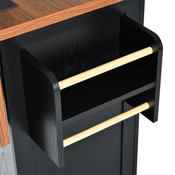 English Elm K&K 54.5" Farmhouse Kitchen Island with Drop Leaf, Built-In Power Station, Rolling Storage Cart Black N707P170349B