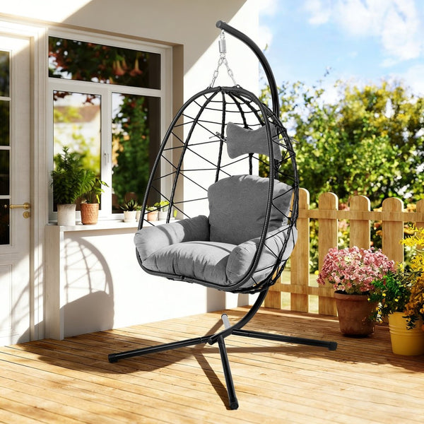 English Elm Hanging Egg Chair Pe Wicker Swing Seat with Stand Cushion for Patio or Bedroom T5880P497554