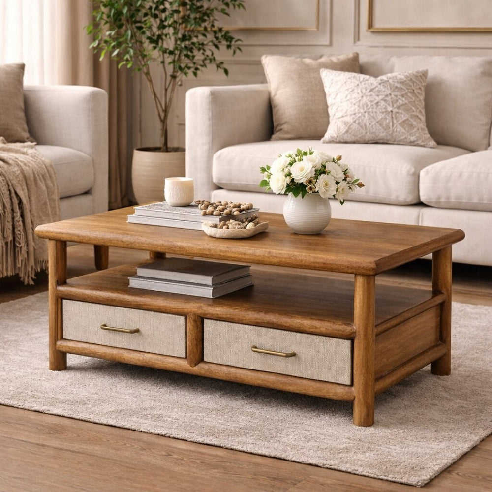 English Elm Solid Wood and Handwoven Rattan Coffee Table for Bohemian or Coastal Living Rooms B182P490921