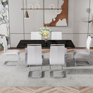 English Elm Table Set With Glass Top & 6 Stylish White Pu Chairs - Modern Dining Elegance For Family Gatherings W1151S02599-GIGA