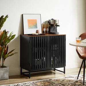English Elm Cabinet Black Slatted Grille 6-Drawer Dresser, Modern MDF Sideboard with Metal Legs & Adjustable Shelves W578P193310