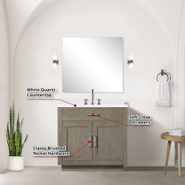 English Elm Grey Oak Single Bath Vanity Set With White Quartz Countertop, 34" Mirror & Chrome Faucet, Assembled B2731S01956