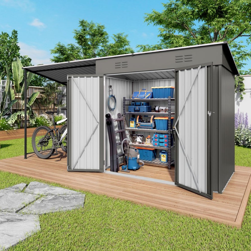 English Elm 12x4ft Steel Lean to Shed with Open Pergola Combo Backyard Storage and Shaded Patio W3213S00011