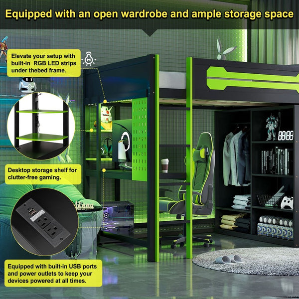 English Elm Full Size Gaming Loft Bed with Rgb Lighting Integrated Desk and Open Wardrobe Green N820S00073F