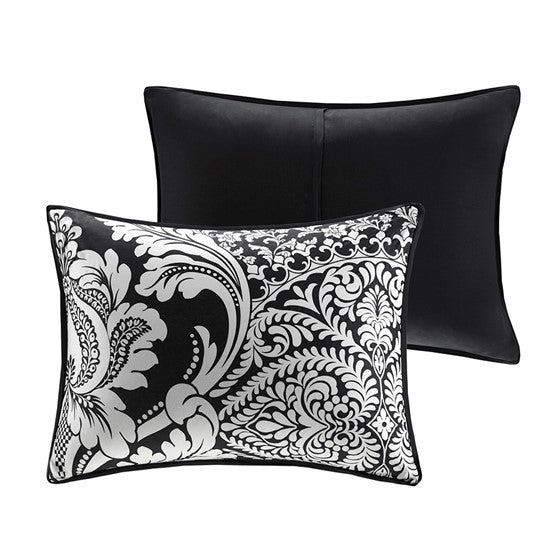 English Elm 7 Piece Cotton Comforter Set - Elegant Black Queen Collection With Damask Design & Luxury Accents B03597261