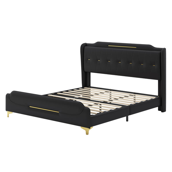 English Elm Christopher Knight Home® - King PU Leather Bed Frame with Wingback Headboard & Footboard, Gold Accents, Platform Slat Support, Elegant Design Black 77.5 L x 21 W x 5.25 H N761S0000012B