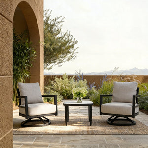 English Elm 3pc Outdoor Aluminum Swivel Lounge Set Sunbrella Cushions Sintered Stone Side Table W1886S00039