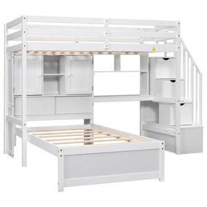 English Elm Twin Over Twin Loft Bed with Built-In Desk, Stairs, Shelving and Storage Headboard for Space-Saving Rooms White GX000465AAK