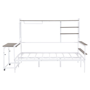 English Elm Full Size Metal Daybed With Movable Desk, Shelves & Clothes Hanger - Space-Saving Industrial Design N737P199321K
