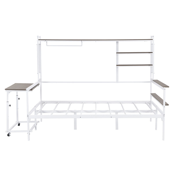 English Elm Full Size Metal Daybed With Movable Desk, Shelves & Clothes Hanger - Space-Saving Industrial Design N737P199321K