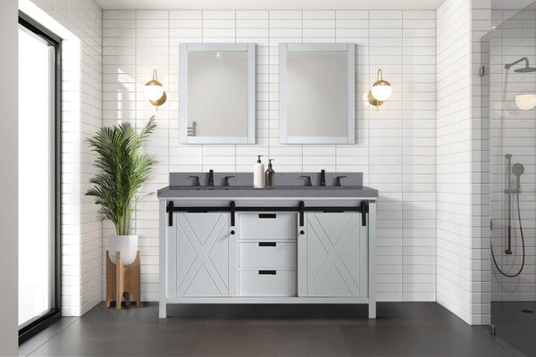 English Elm White Double Bath Vanity Set With Grey Quartz Top, Faucets, And Matching 24" Mirrors For Elegant Style B2731S01069-GIGA