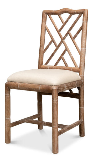 Sarreid Brighton Bamboo Side Chair Set Of 2 - Elegant White Wash Oak With Luxurious Linen Fabric Finish Beige  26433